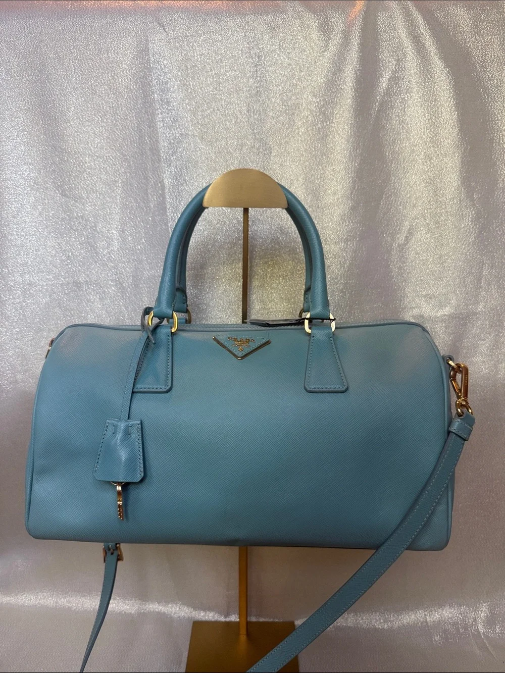 Prada Sky Blue Saffiano Leather Boston Satchel with Gold Hardware